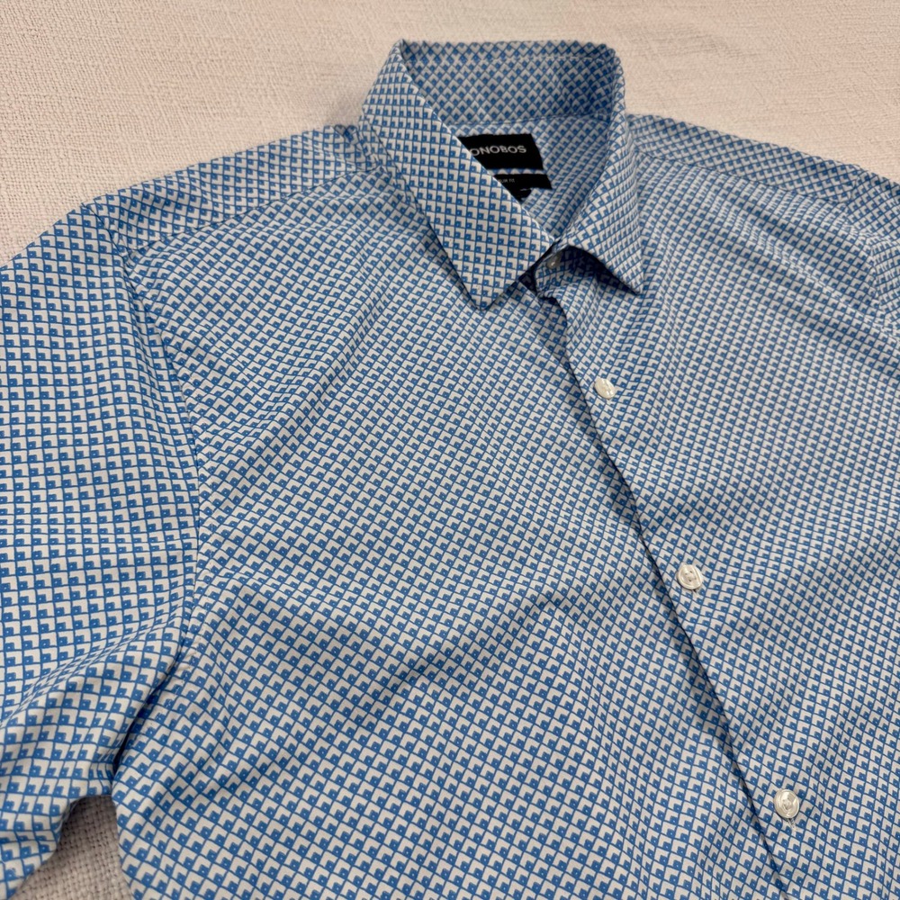 Bonobos Slim Fit Long Short Sleeve Button Down Shirt Blue Geometric Tile Mens L - Picture 5 of 11
